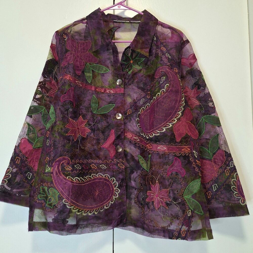 Units Vintage Womens Jacket Large Petite Purple Floral Applique Sheer  90s